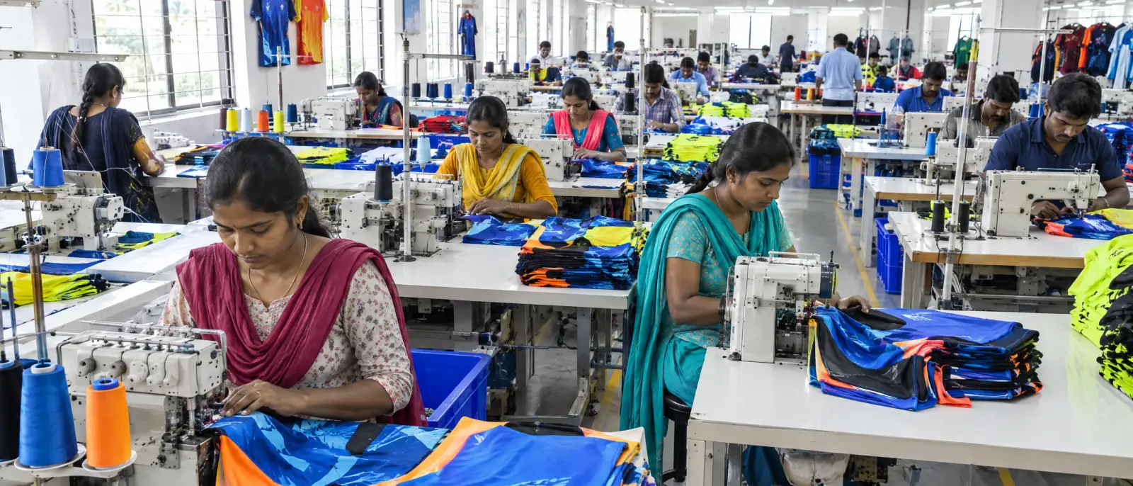Garments being stitched on the factory floor